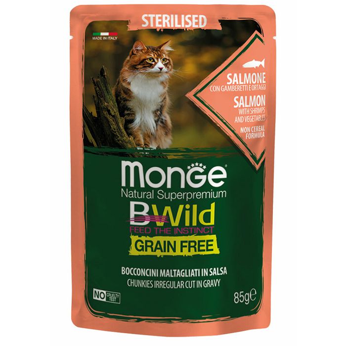 Monge BWild Sterilised grain free losos sa škampima i povrćem hrana za sterilisane mačke 85g