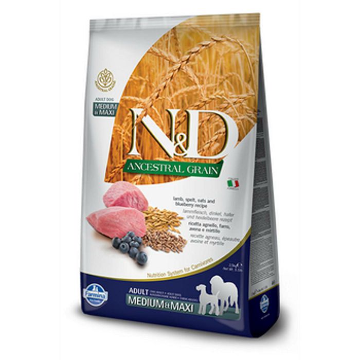 N&D Adult Medium & Maxi Ancestral Grain / janjetina i borovnica hrana za pse 12kg