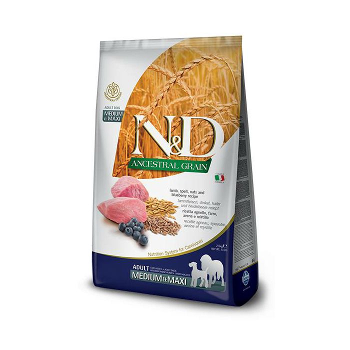 N&D Adult Medium & Maxi Ancestral Grain / janjetina i borovnica hrana za pse 2,5kg