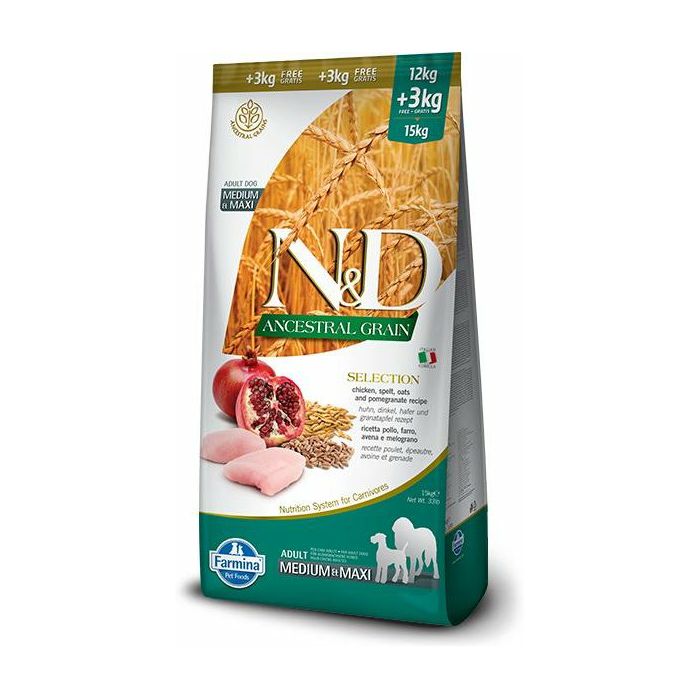 N&D Adult Medium & Maxi Ancestral Grain / piletina hrana za pse 12kg + 3kg