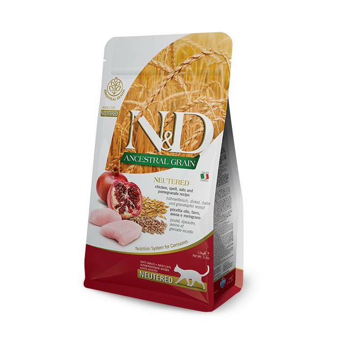 N&D Adult Neutered Ancestral Grain / zob, piletina, nar hrana za sterilisane mačke 1,5kg